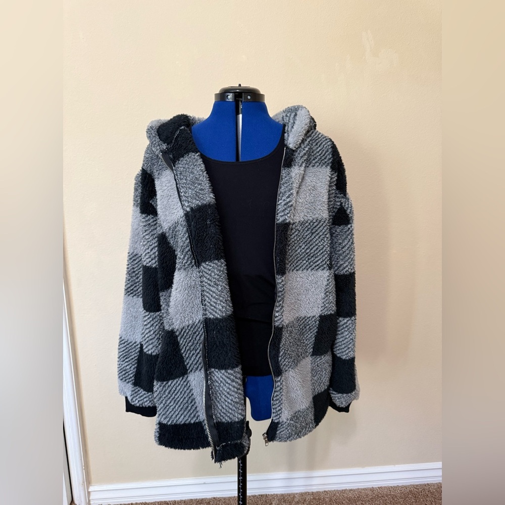 Black and Gray Plaid Zip-Up Jacket